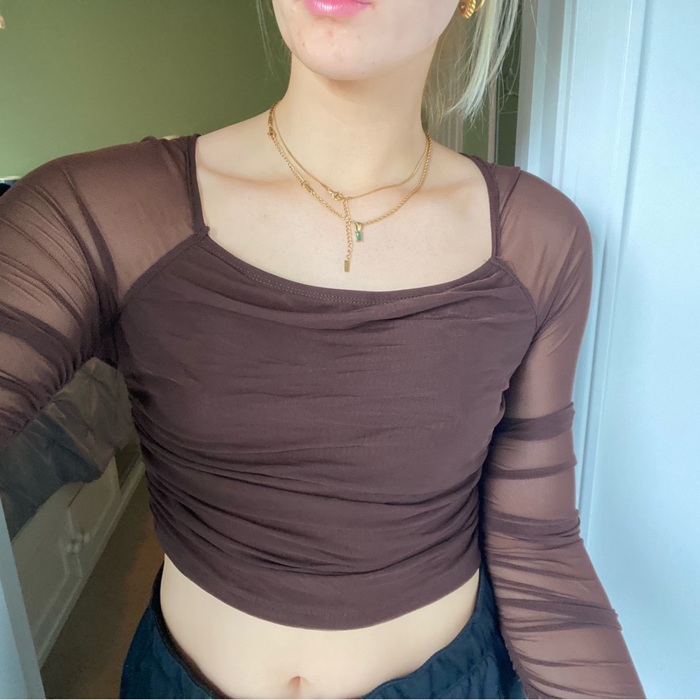 shein longsleeve brown mesh top